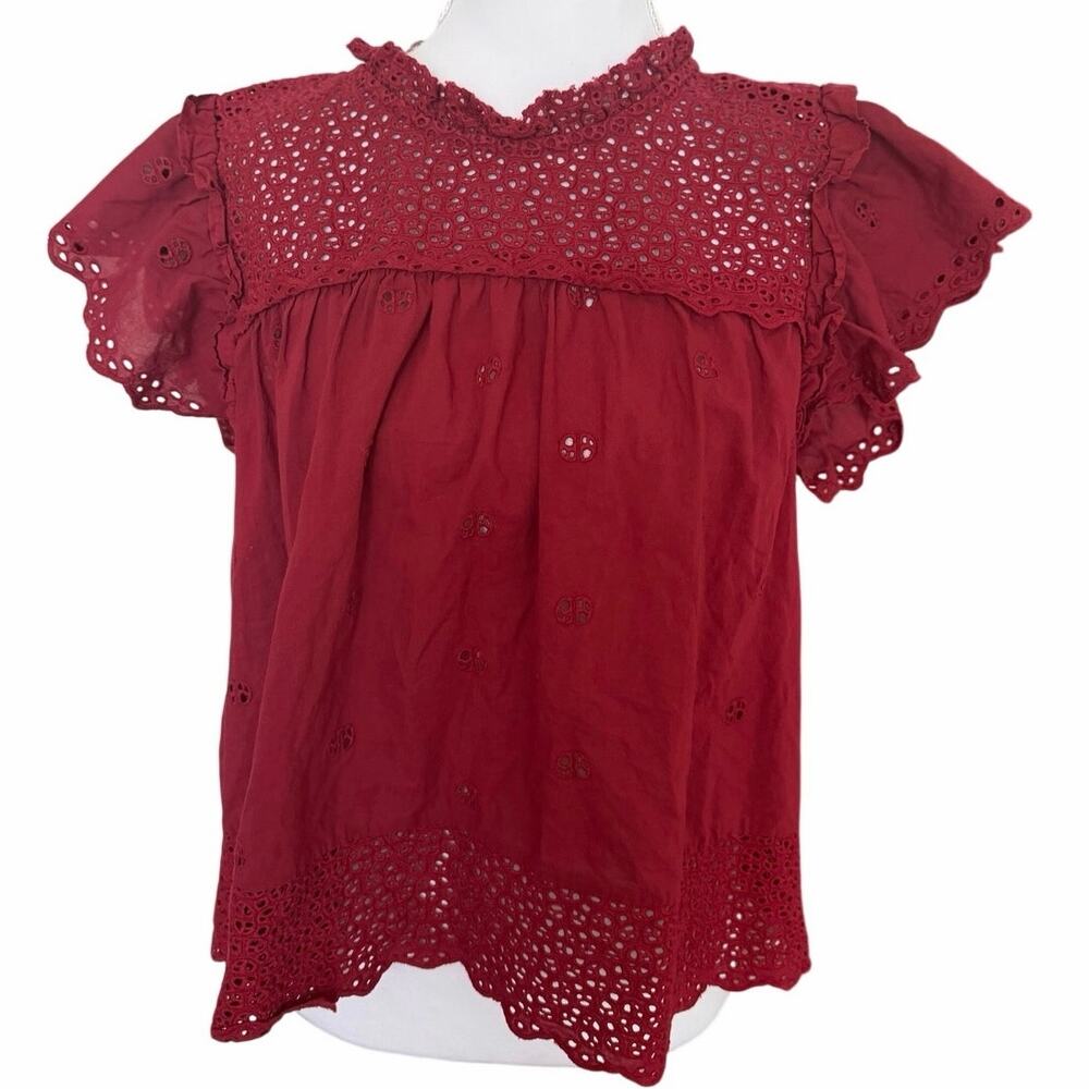 Calypso St Barth Red Eyelet Blouse Boho Embroidered Cotton Ruffle Top Size L